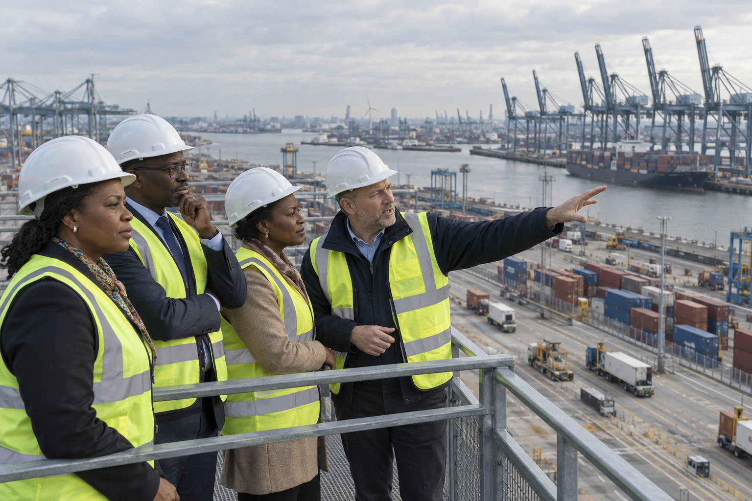 AI-generated illustration of an international professional delegation on a port visit.