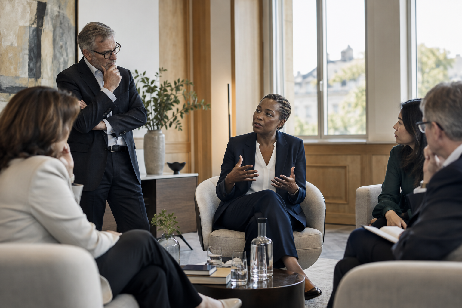 AI-generated illustration of senior professionals in an executive discussion.