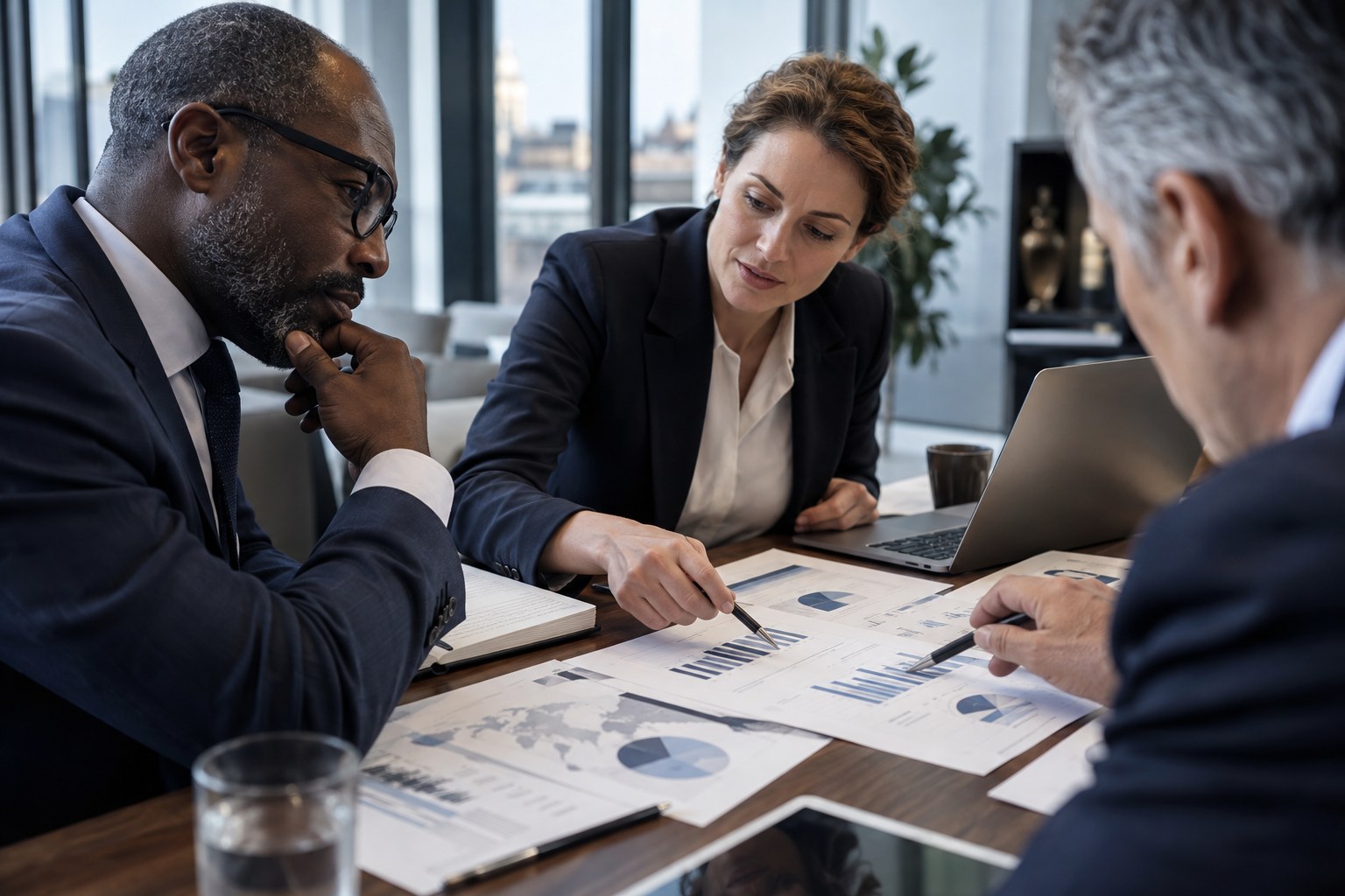 Finance professionals analysing reports together
