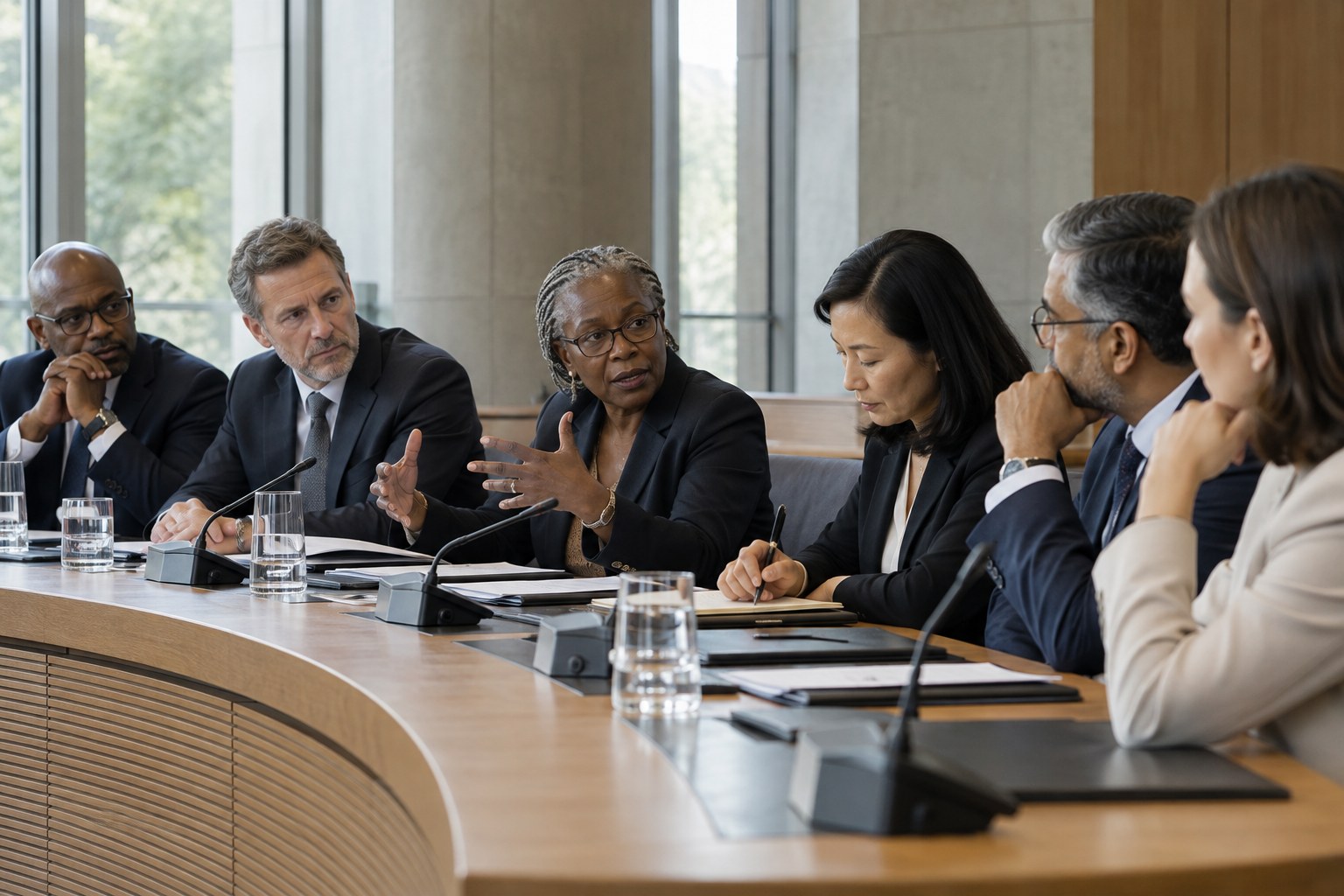 Professionals discussing policy at a conference roundtable