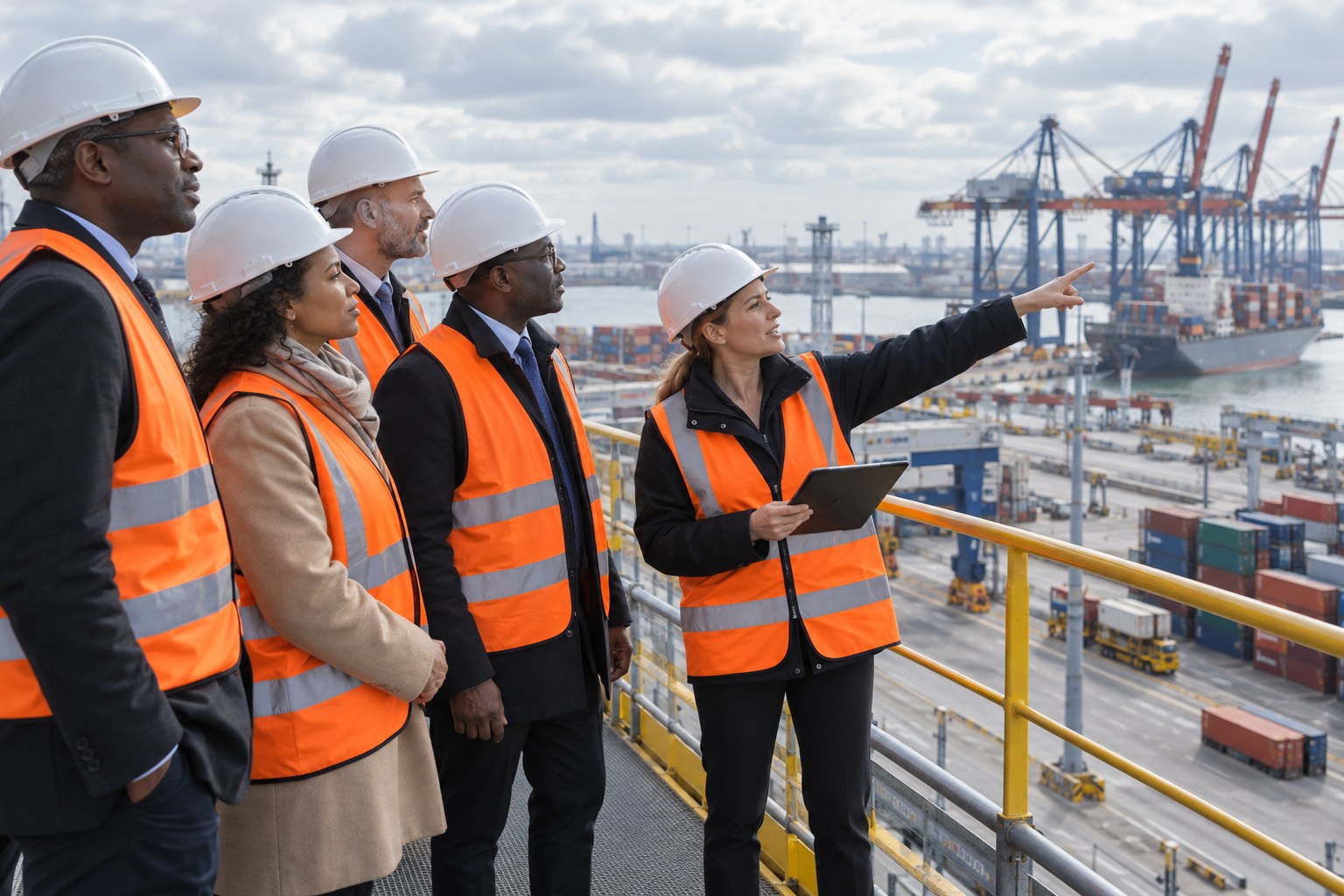 A professional delegation learning about port operations with an engineering guide